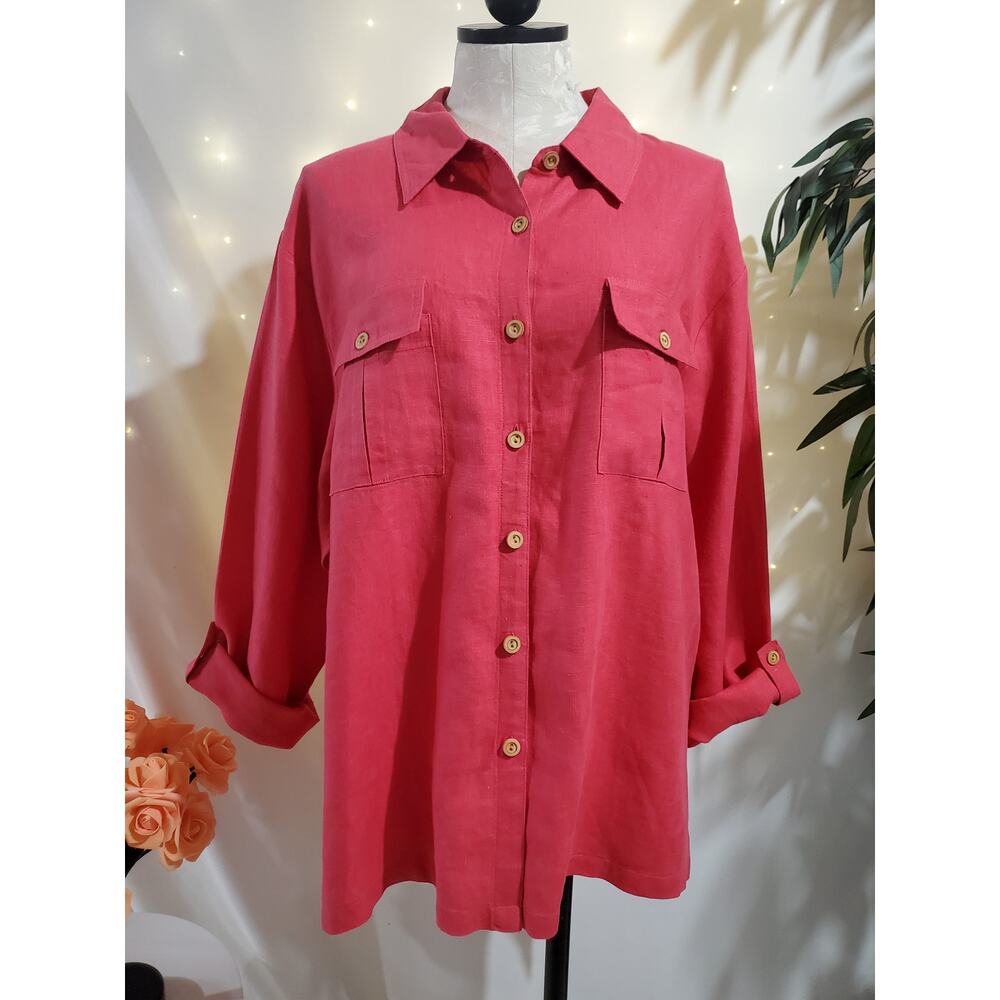 David Dart 100% Linen Wood Button Roll Tab Sleeve Shirt Womens Size XL Lagenlook